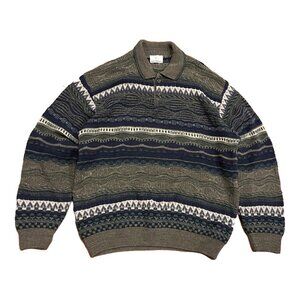 VTG London Fog 3D Knit Sweater Mens XL Green Loose Knit Grandpa Sweater